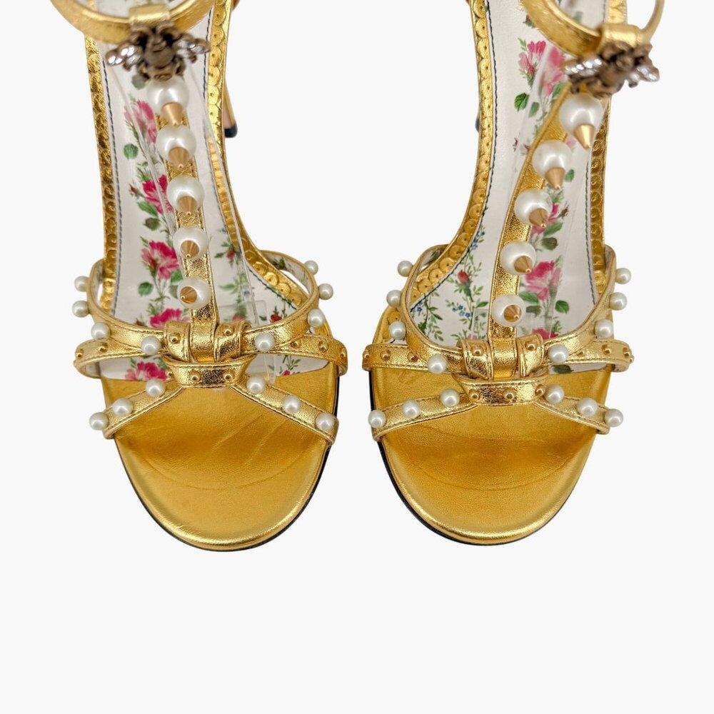 Gucci Regina Metallic Gold Pearl Studded T-Strap Heels Bee GG Size 37.5 US 7.5 - Picture 3 of 15